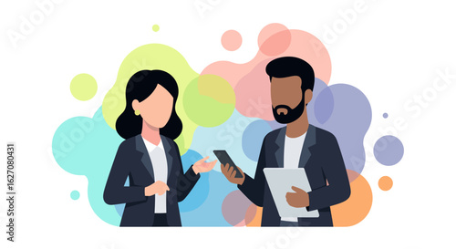Two diverse business professionals collaborate, sharing ideas and technology in a modern, vibrant setting. Ideal for corporate communication or teamwork concepts.