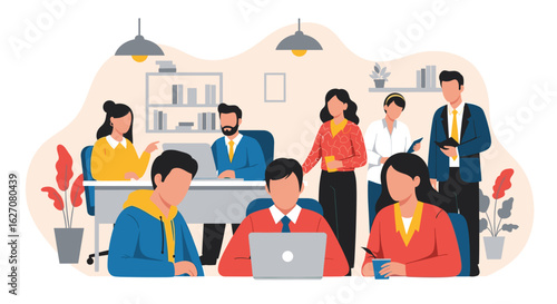 Diverse team of professionals collaborating in a modern office environment, engaged in teamwork, productivity, and strategic discussions for business growth.