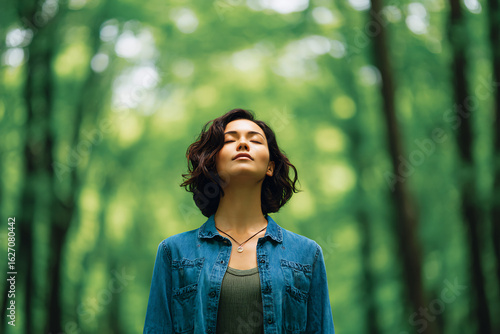 woman in forest breathing nature deeply peaceful