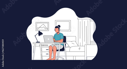 Person working remotely on laptop with headphones at home. Ideal for concepts of flexible work, online learning, and comfortable lifestyle.