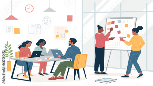Diverse business team collaborating in a modern office, engaged in a productive meeting with laptops and a whiteboard. Ideal for corporate and startup themes.