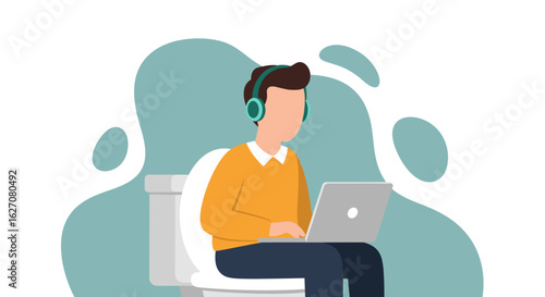 Man with headphones works on laptop while sitting on toilet, illustrating remote work, extreme multitasking, and modern digital lifestyle.