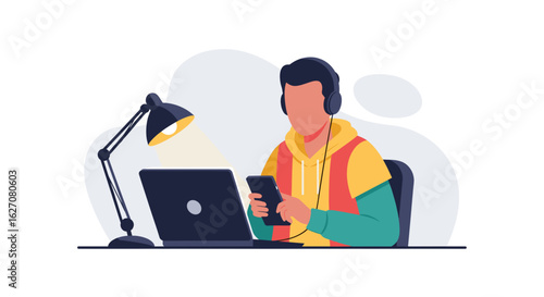 Person with headphones using a smartphone and laptop at a desk with a lamp, illustrating remote work, online learning, or digital leisure.