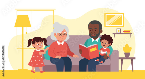 Happy grandparents reading to their diverse grandchildren in a cozy home, fostering learning and love. Ideal for family, education, and childcare themes.