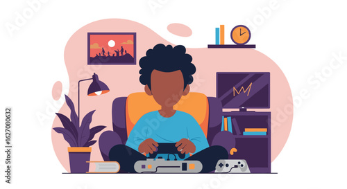 Young person enjoying video games in a cozy living room, illustrating modern leisure, digital entertainment, and relaxation at home.