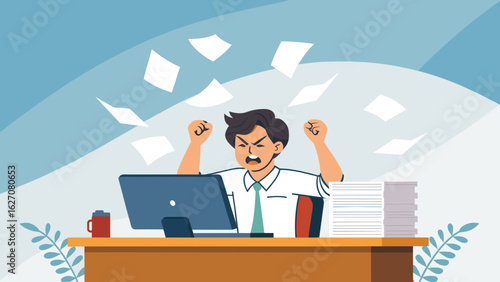 Stressed man overwhelmed by work, yelling in frustration at his office desk with papers flying. Depicts burnout, pressure, and workplace challenges.
