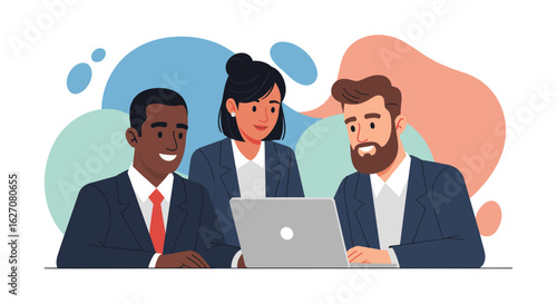 Diverse business professionals collaborate on a laptop, discussing strategy and working together. Ideal for teamwork, communication, and corporate success concepts.