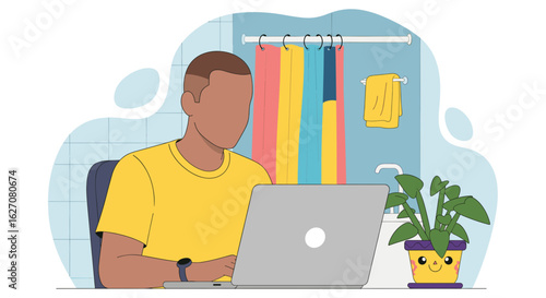 A man works remotely on his laptop from a modern bathroom. Depicts flexible work, home office, or digital nomad lifestyle.