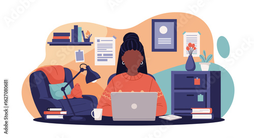 Black woman focused on her laptop, working comfortably from a cozy home office setup. Ideal for remote work, online learning, or freelance concepts.