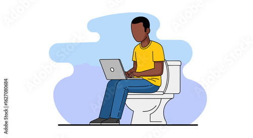 Man multitasking, working on a laptop while sitting on the toilet. Depicts remote work, digital connectivity, and modern lifestyle.