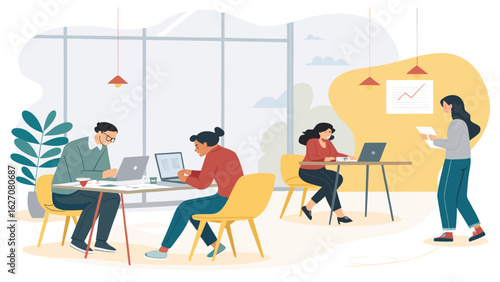 Diverse business professionals collaborate and work efficiently in a modern, sunlit office environment, illustrating teamwork, productivity, and contemporary corporate life.