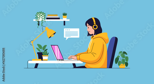 Young person in headphones using laptop at a comfortable home office desk. Ideal for remote work, online learning, and digital communication.