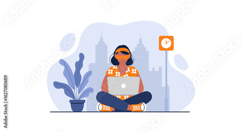 Focused woman with eye mask uses laptop in urban setting, symbolizing remote work, productivity, and ignoring distractions. Business and lifestyle concept.