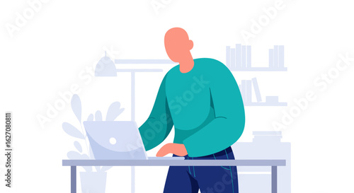 Stylized illustration of a person working diligently on a laptop at a modern desk in a home office or study environment, symbolizing productivity and digital work.