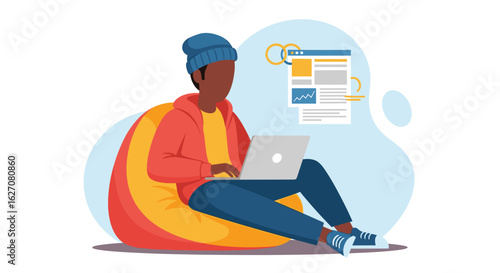 Young person in casual wear sitting on a bean bag, focused on their laptop, illustrating remote work, online learning, or digital freelancing.