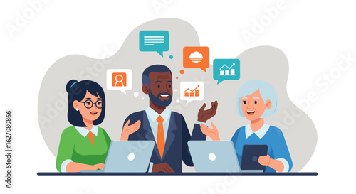Diverse business professionals collaborate in a positive meeting, discussing ideas and data. Ideal for teamwork, communication, or corporate strategy concepts.