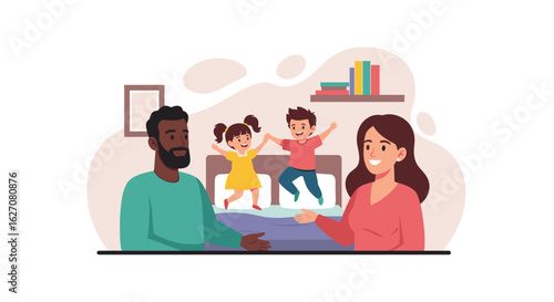 Happy diverse family with two kids joyfully jumping on a bed in a cozy home setting, parents smiling. Represents family fun, childhood, and domestic life.