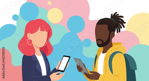 Diverse individuals connect and interact through their smartphones, symbolizing digital communication, social networking, and modern lifestyle.