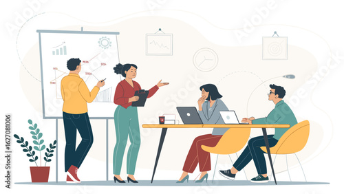 Business professionals collaborate in a modern office, analyzing data and discussing strategy during a team presentation. Ideal for corporate planning.