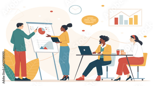 Diverse business team collaborating in an office, analyzing data and presenting strategies. Ideal for corporate meetings, teamwork, and financial concepts.