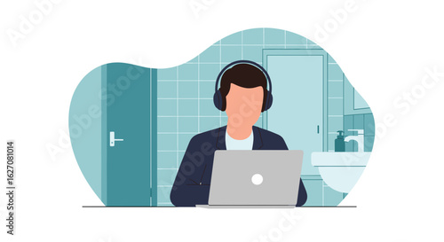 Professional in headphones on laptop, working remotely from a bathroom. Represents flexible workspace, online meetings, or unusual home office setup.