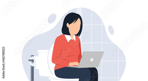 Woman working on laptop while on the toilet, symbolizing extreme multitasking, remote work, and blurred work-life boundaries. Modern work culture challenges.
