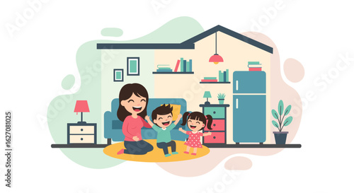 A joyful family moment: a happy mother with her two smiling children playing cheerfully at home. Perfect for themes of family, parenting, and happy home life.