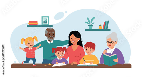 Happy multi-generational family at home, with children studying and grandparents and mother providing support. Ideal for education, family life, or elder care concepts.