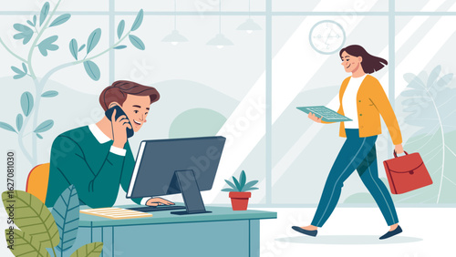 Man on phone at computer, woman walking with briefcase in modern office. Depicts busy corporate environment, communication, and business activity.