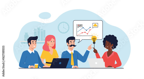 Diverse business team brainstorming new ideas and analyzing data in a collaborative office setting. Represents innovation, growth, and teamwork.