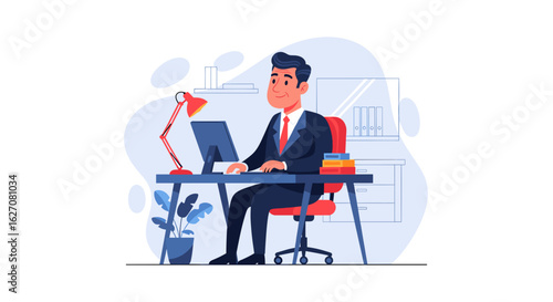 Professional businessman working diligently at his office desk with a computer. Ideal for concepts of productivity, corporate work, and remote business.