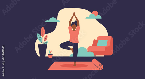 Woman practicing yoga in Tree Pose at home, embodying balance and tranquility. Ideal for health, wellness, and mindful lifestyle concepts.