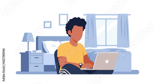 Young person working remotely on a laptop in their cozy bedroom, representing telecommuting, online education, or a modern home office lifestyle.