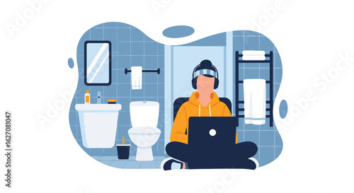 Person with headphones and laptop working remotely from an unconventional bathroom setting, reflecting modern work flexibility and work-life integration.