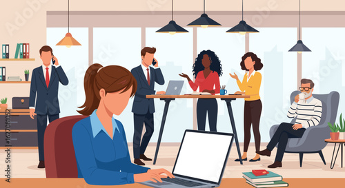 Diverse professionals collaborate and work diligently in a modern, bright office, showcasing productivity, teamwork, and a dynamic corporate environment.