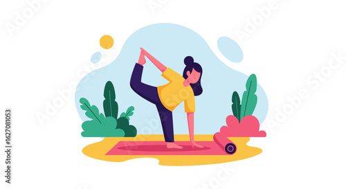 Woman practicing yoga outdoors, achieving balance and flexibility in a serene setting. Perfect for health, wellness, and mindful lifestyle content.