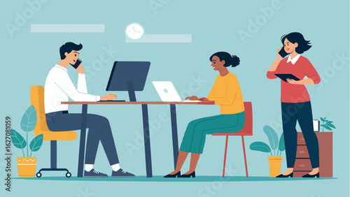 Diverse team collaborating in a modern office environment. Professionals work at computers, communicate via phone, embodying productivity and teamwork.