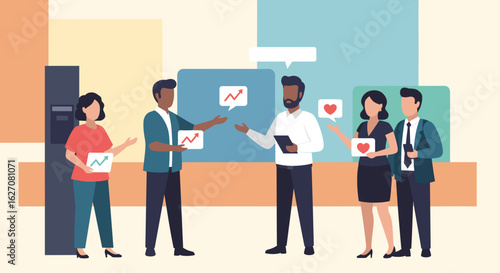 Diverse business team collaborating and communicating ideas with positive feedback and growth charts, ideal for corporate success concepts.