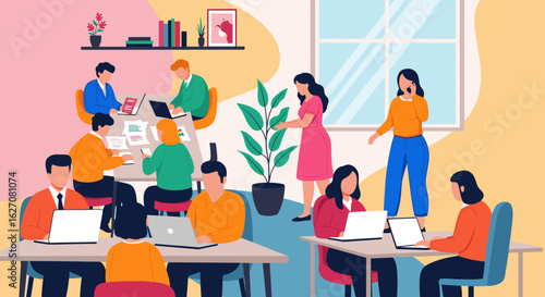 Dynamic illustration of professionals collaborating in a modern office, working on laptops and communicating. Represents teamwork, productivity, and contemporary business.