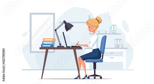 A professional woman works diligently on her laptop in a modern office or home office setting, representing productivity and remote work.
