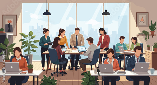 Diverse professionals collaborate and work diligently in a modern, bright office with a city view, embodying teamwork and productivity.