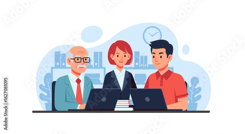 Diverse team collaborating in an office setting. Business professionals working together on laptops, representing mentorship and development.