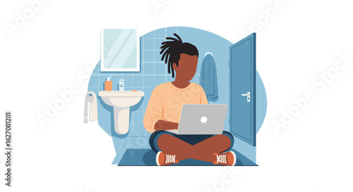 Focused person working remotely on a laptop in a small bathroom. Depicts flexible work arrangements, home office, and digital lifestyle.