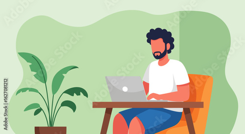 Man working on laptop at home office, depicting remote work, freelancing, and digital productivity. Ideal for business and lifestyle concepts.