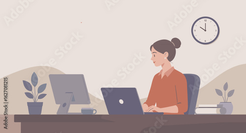 A focused woman works diligently at her desk with a laptop and monitor, symbolizing productivity, remote work, or professional efficiency in a home office setting.