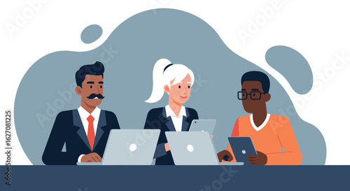 Diverse business team collaborating in a modern office setting, engaged with laptops and tablets, symbolizing teamwork, technology, and productivity.