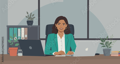 Smiling professional woman working diligently at her modern office desk with laptops and plants. Ideal for business, technology, and productivity concepts.