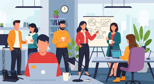 Diverse team collaborating in a modern office, engaged in strategic planning and brainstorming. Ideal for business, teamwork, and corporate concepts.