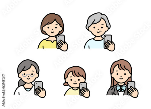 スマホを持つ様々な世代の女性のイラスト素材