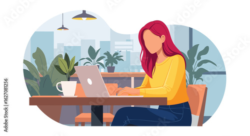 Young woman with red hair diligently working on her laptop at a modern cafe table, with coffee and plants. Ideal for remote work, study, or freelance concepts.